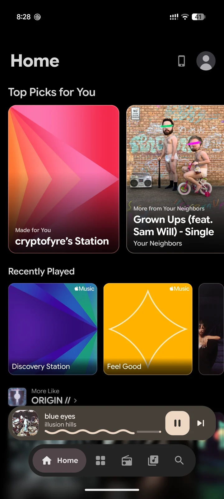 Home, with top picks and recently played